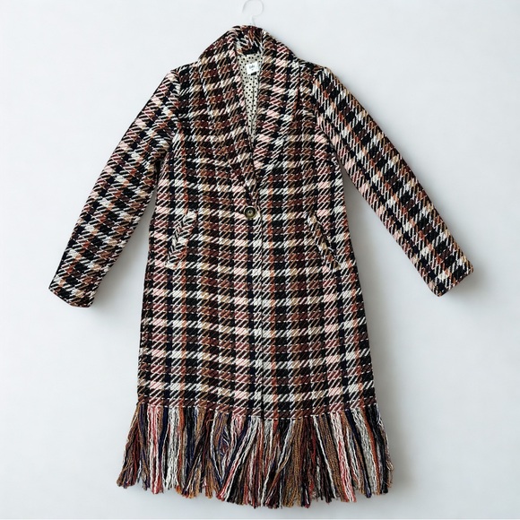 CAbi Regency Coat Plaid Fringe Hem Long Coat Size XS Wool Blend Tweed - Picture 3 of 15